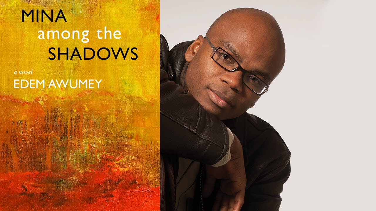 Edem Awumey headshot and Mina Among the Shadows cover